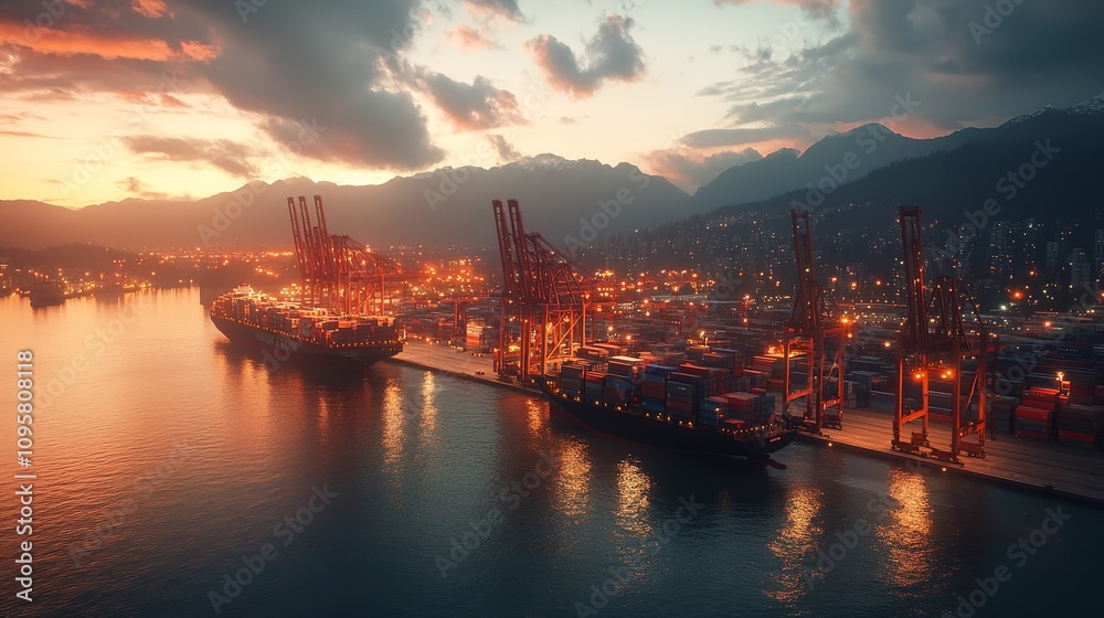 Illuminated shipping port at dusk with cranes and containers, reflecting vibrant city lights across calm water under a dramatic sky. Illuminated shipping port at dusk with cranes and containers, reflecting vibrant city lights across calm water under a dramatic sky.