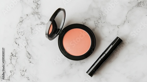 Makeup products on a marble surface with a mirror compact
