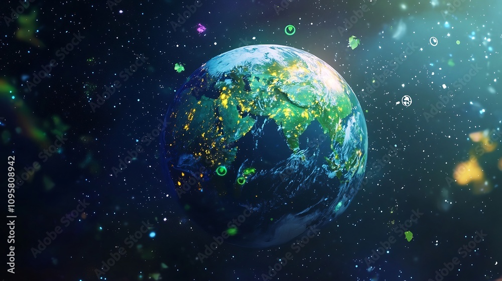 Generative depicting a vibrant colorful Earth with a prominent ozone layer and various preservation icons and symbols conveying the concept of environmental conservation and sustainable technology Generative depicting a vibrant colorful Earth with a prominent ozone layer and various preservation icons and symbols conveying the concept of environmental conservation and sustainable technology