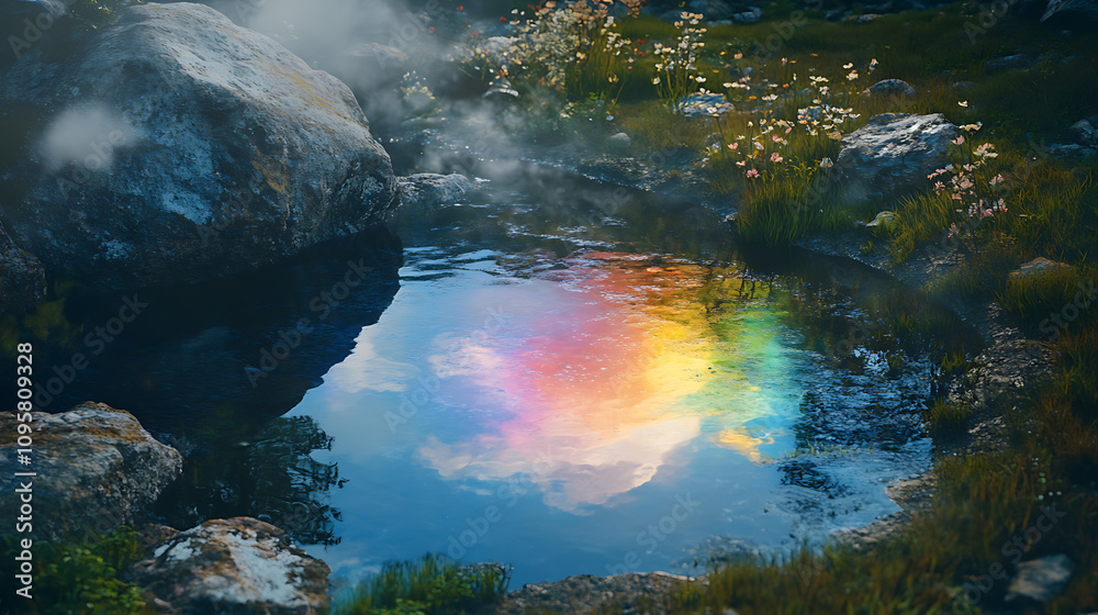 Rainbow-colored object reflecting light near shimmering pond, mysterious aura, 8k, hyper realistic, real life based. Rainbow-colored object reflecting light near shimmering pond, mysterious aura, 8k, hyper realistic, real life based.