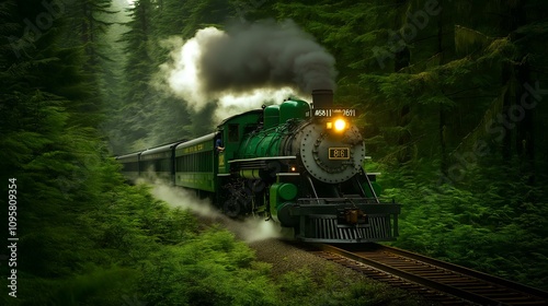 A vintage steam locomotive travels through a lush green forest, creating an enchanting scene in nature. photo