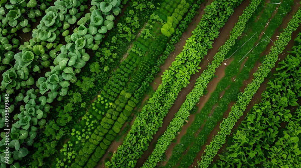 Drone shot of various green crops planted in organized rows, showcasing agricultural abundance.