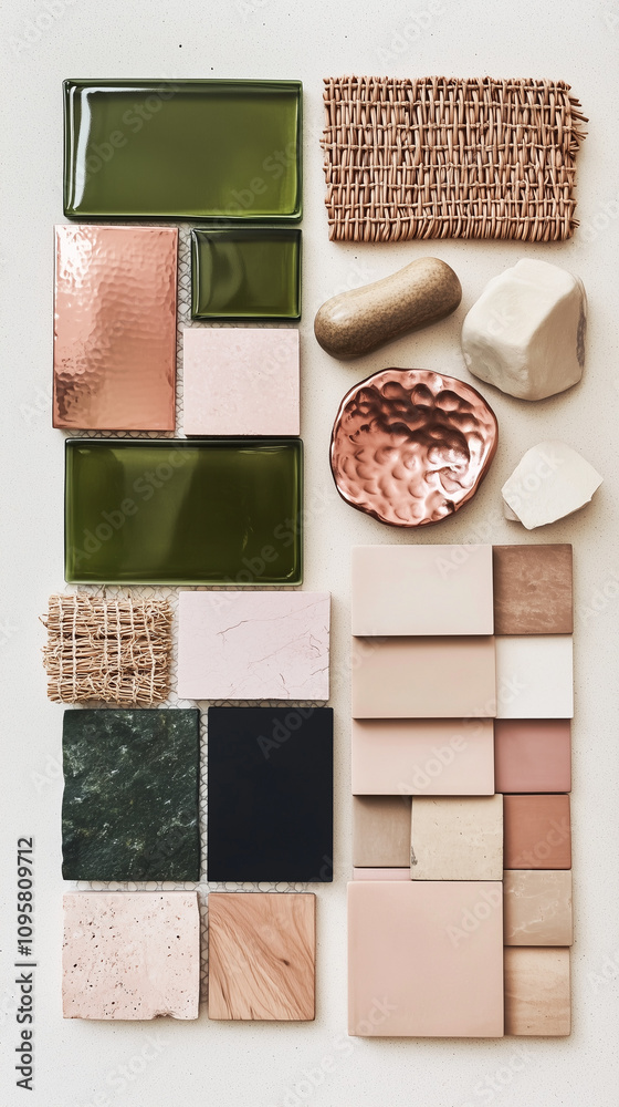 Fototapeta premium A clean and harmonious materials moodboard featuring natural textures and bold contrasts. Incorporate copper for a warm metallic highlight, high-shine olive green tiles for a luminous accent