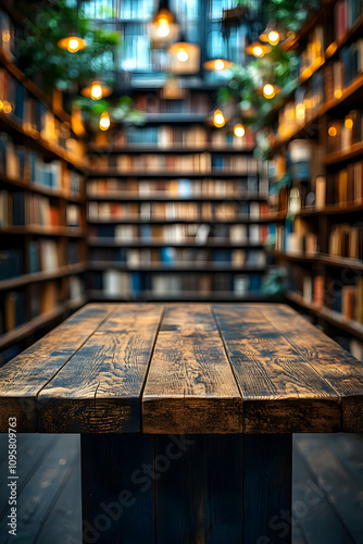 Wooden Table in Library Bac...