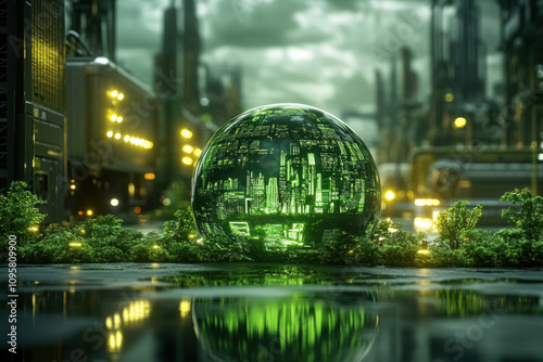 Green globe amidst cityscape, reflecting sustainability amidst urban sprawl. photo