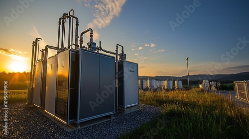 Hydrogen fuel cell power system in a rural eco friendly setting with a picturesque sunset landscape