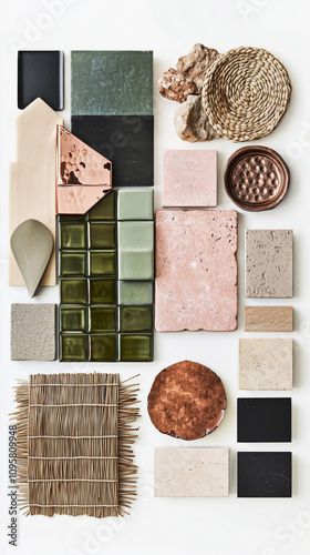 A clean and harmonious materials moodboard featuring natural textures and bold contrasts. Incorporate copper for a warm metallic highlight, high-shine olive green tiles for a luminous accent