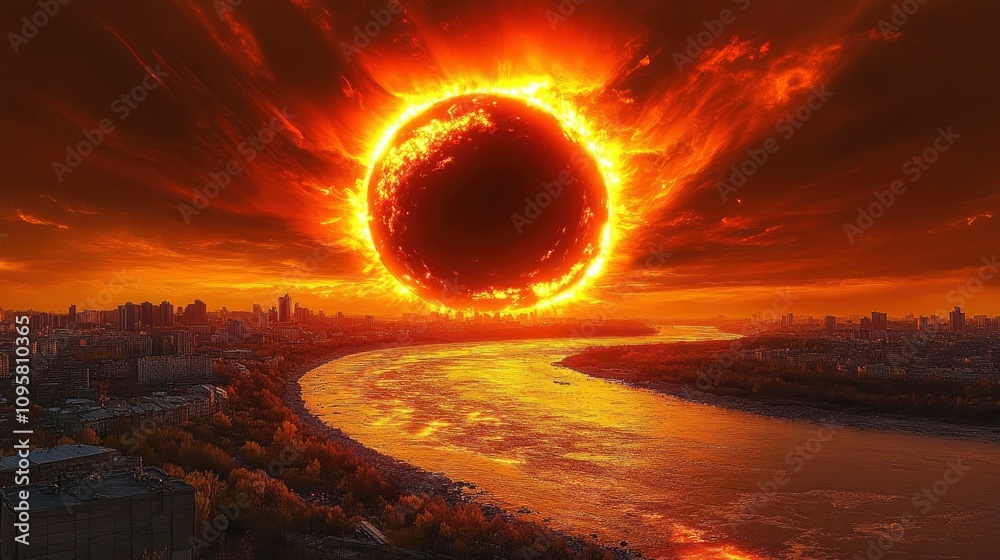 Breathtaking view of a solar eclipse over a city skyline at sunset Breathtaking view of a solar eclipse over a city skyline at sunset