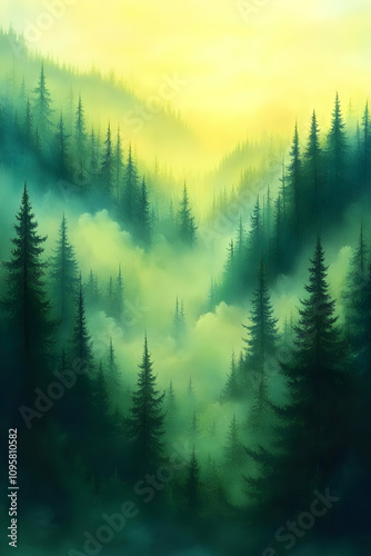 Misty Green Forest Illustration
