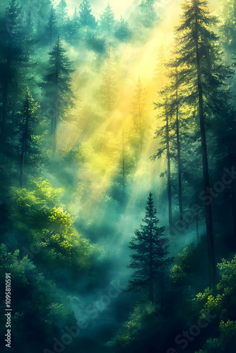 Misty Forest Sunrise Illust...