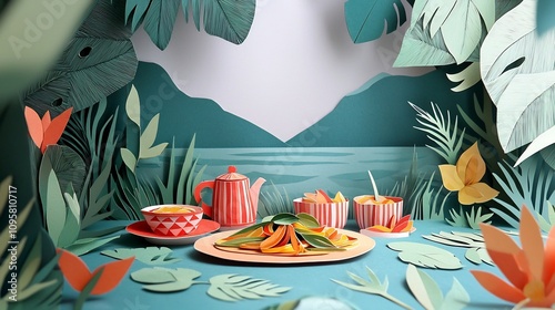Layered paper cut art depicting a picnic table setup with various Thai dishes including a stir fried basil dish presented in a lush tropical foliage frame  The image showcases a creative