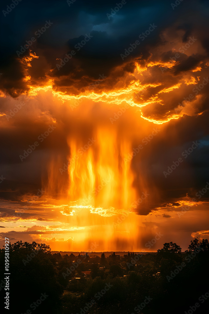 Fototapeta premium Fiery Sunset Rain: Dramatic Cloud Illustration
