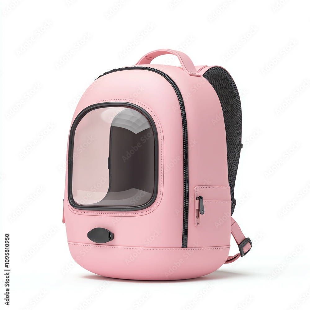 Fototapeta premium A stylish pink backpack with a transparent compartment for pets or personal items.