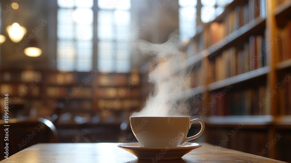 Steaming cup of tea on wooden table in library.