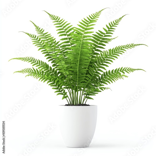 Lush green fern plant in a modern white pot, perfect for indoor decor and air purification.