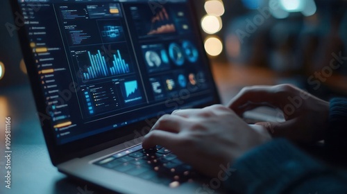 Person analyzing data on laptop at night.