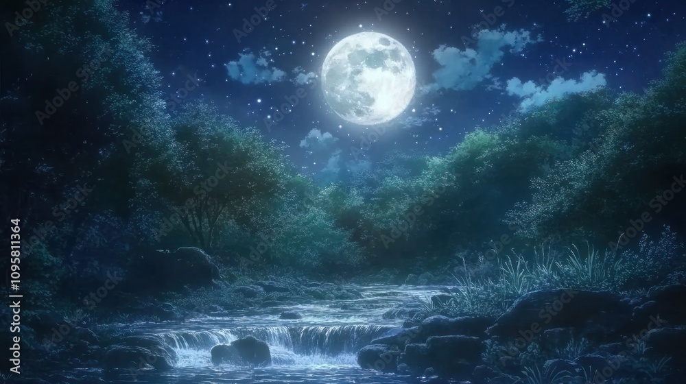 Serene anime moonlit forest with glowing water streams and sparkling stars above Serene anime moonlit forest with glowing water streams and sparkling stars above