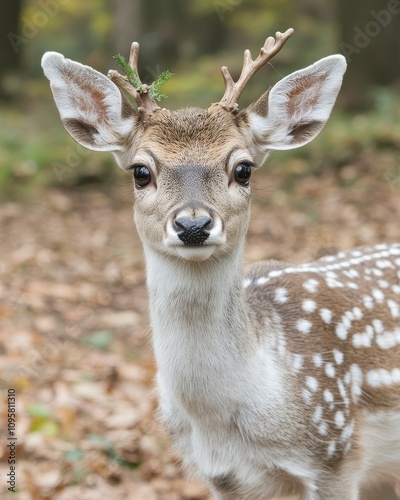 A young fallow deer with antlers and spotted fur looks directly at the camera in a forest setting.