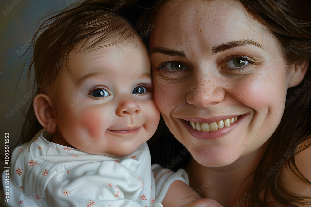 A joyful portrait of a Caucasian mother and her smiling baby, capturing a heartfelt moment of love and happiness. A joyful portrait of a Caucasian mother and her smiling baby, capturing a heartfelt moment of love and happiness.