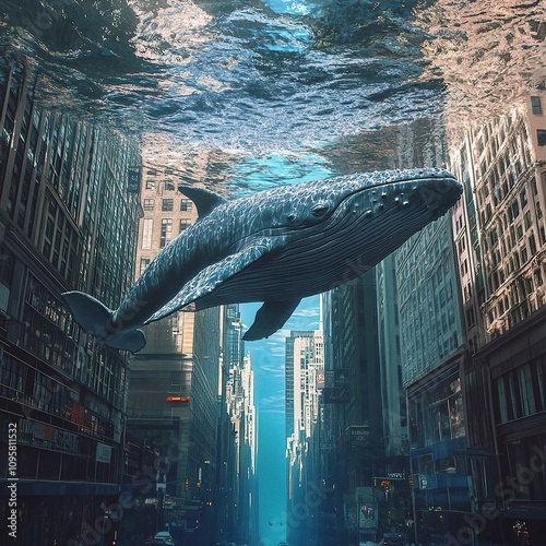 A large whale swims through a flooded city street. photo