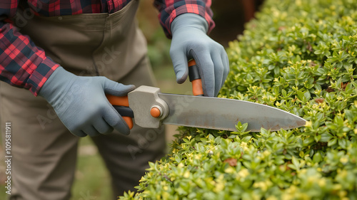 closeup hand of trimming hedges with precision using professional hedge shears Gardener cutting a tree