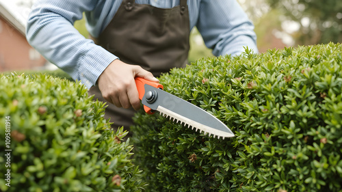 closeup hand of trimming hedges with precision using professional hedge shears Gardener cutting a tree