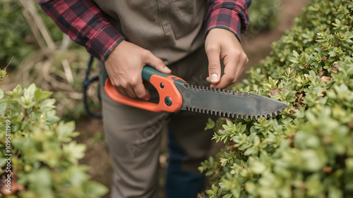 closeup hand of trimming hedges with precision using professional hedge shears Gardener cutting a tree