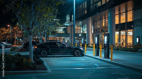 Nighttime view of a bustling commercial district with modern buildings storefronts and electric vehicle charging stations