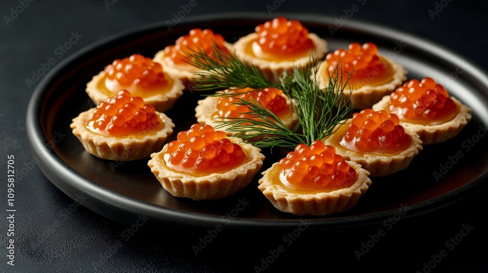 38.A festive serving of mini tartlets filled with bright red salmon caviar, arranged on a dark plate with a black background. The tartlets are garnished with sprigs of fresh dill, adding a touch of 38.A festive serving of mini tartlets filled with bright red salmon caviar, arranged on a dark plate with a black background. The tartlets are garnished with sprigs of fresh dill, adding a touch of