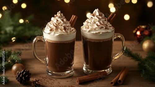 8.A festive setting with two glass mugs of hot chocolate, piled high with whipped cream and garnished with cinnamon sticks. The scene is lit by the warm glow of garland lights in the background,