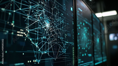 Advanced algorithm on a computer screen visualizing and analyzing a complex digital network