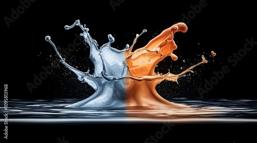 Dynamic splashes of blue and orange liquid create a stunning visual effect on a dark background, perfect for creative projects.