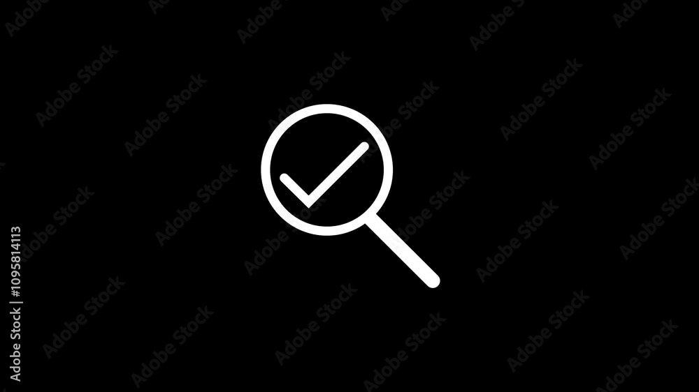 Magnifying glass with check mark icon isolated on black background. Search, focus, zoom, business symbol. Magnifying glass with check mark icon isolated on black background. Search, focus, zoom, business symbol.