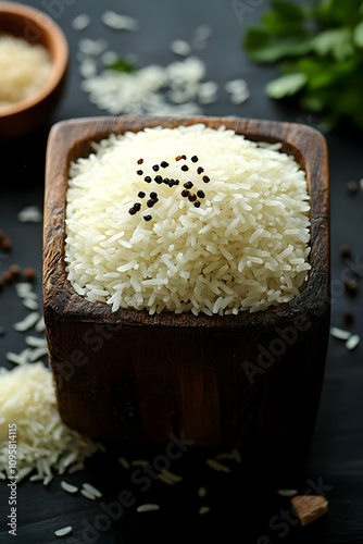 Wooden Bowl of Cooked Rice,...