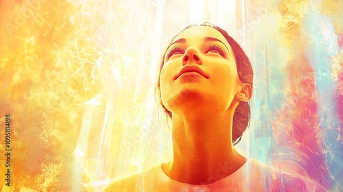 Radiant and serene digital artwork featuring a glowing woman looking upwards surrounded by soft pastel patterns abstract geometric designs and minimalistic architectural elements