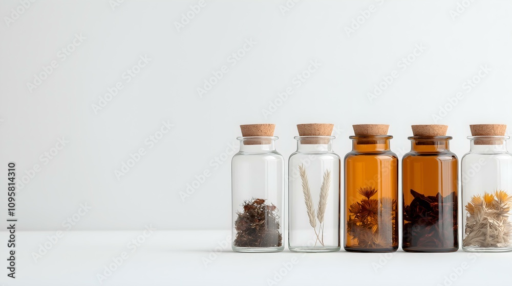 Five glass jars filled with assorted herbs and spices arranged neatly on a white background, showcasing natural ingredients. Five glass jars filled with assorted herbs and spices arranged neatly on a white background, showcasing natural ingredients.