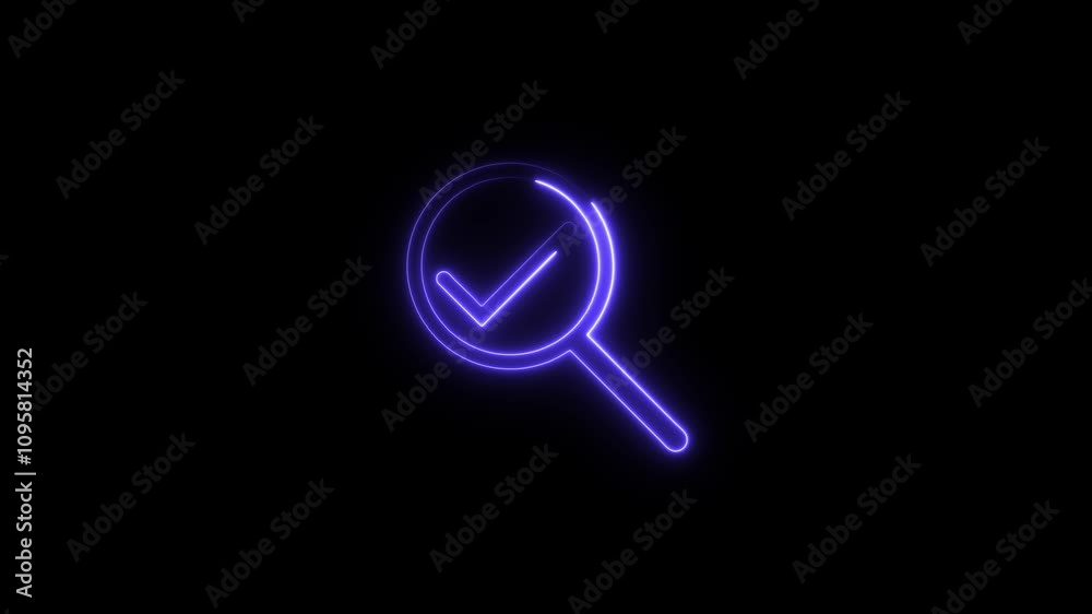 Neon magnifying glass icon with checkmark icon concept.Search, focus, zoom, business symbol. 4K Video motion graphic animation Neon magnifying glass icon with checkmark icon concept.Search, focus, zoom, business symbol. 4K Video motion graphic animation