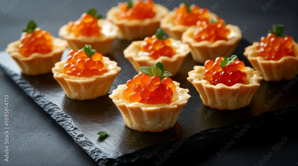 39.A sophisticated holiday appetizer scene featuring mini tartlets filled with red salmon caviar, arranged on a black slate board. The vibrant caviar gleams against the dark background, while the 39.A sophisticated holiday appetizer scene featuring mini tartlets filled with red salmon caviar, arranged on a black slate board. The vibrant caviar gleams against the dark background, while the