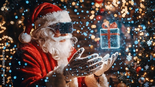 Santa Claus using state of the art augmented reality technology to present a captivating holographic gift floating in a festive sparkling winter wonderland backdrop