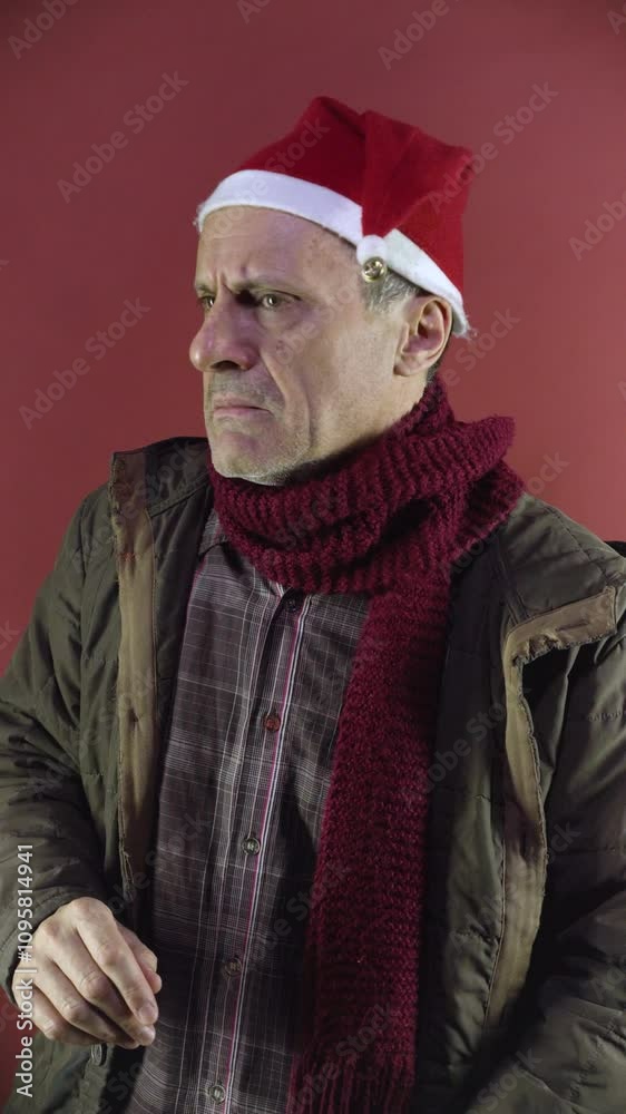 Lonely in Christmas: Santa-Hatted Man Waiting Alone Lonely in Christmas: Santa-Hatted Man Waiting Alone