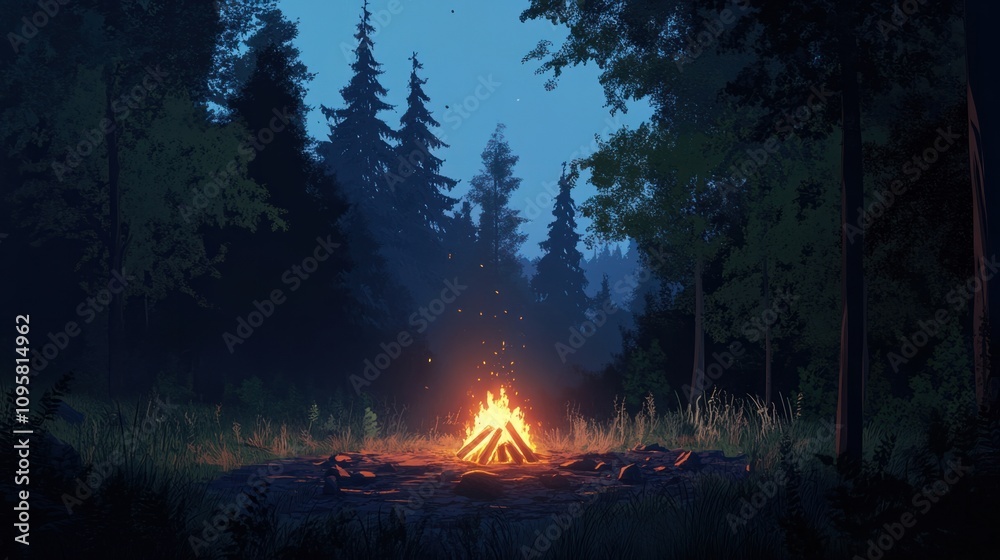Campfire glowing in the middle of a dark forest, casting warm light on the surrounding trees Campfire glowing in the middle of a dark forest, casting warm light on the surrounding trees