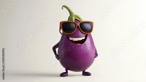 Friendly Cartoon Eggplant with Sunglasses and Smile