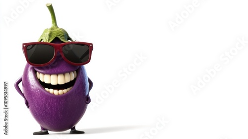 Fun Cartoon Eggplant with Sunglasses and Smile
