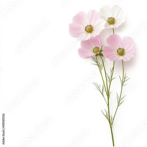 Delicate pink and white cosmos flowers with green stems on white background evoke sense of tranquility and beauty