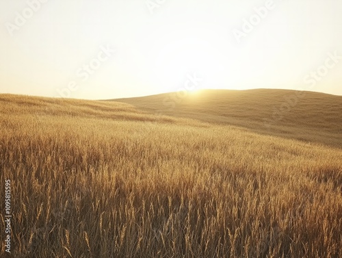 Golden sunrise over rolling wheat fields tranquil landscape nature photography serene environment wide-angle view natural beauty