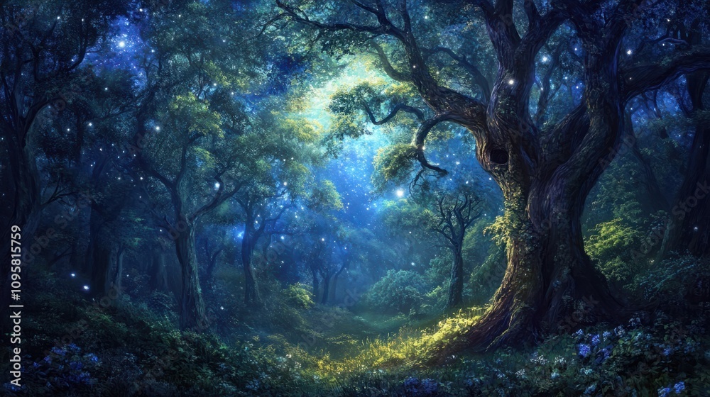 Dark forest with faint starlight shining through the treetops, creating a quiet, ethereal scene Dark forest with faint starlight shining through the treetops, creating a quiet, ethereal scene