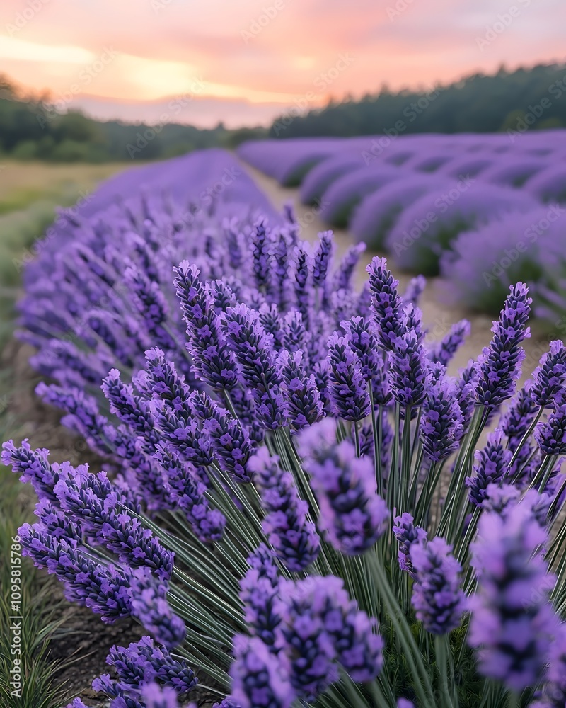 Obraz premium A serene landscape featuring vibrant lavender fields at sunset, creating a tranquil atmosphere with shades of purple and soft, warm tones in the sky.