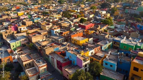 Stunning aerial drone shot showcasing a vibrant and colorful urban neighborhood with a dense cluster of residential buildings and homes featuring an array of vibrant rooftop colors
