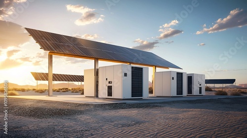 Expansive solar power plant situated in a desert landscape featuring an array of solar panels and a collection of battery storage containers positioned for efficient energy retention and distribution
