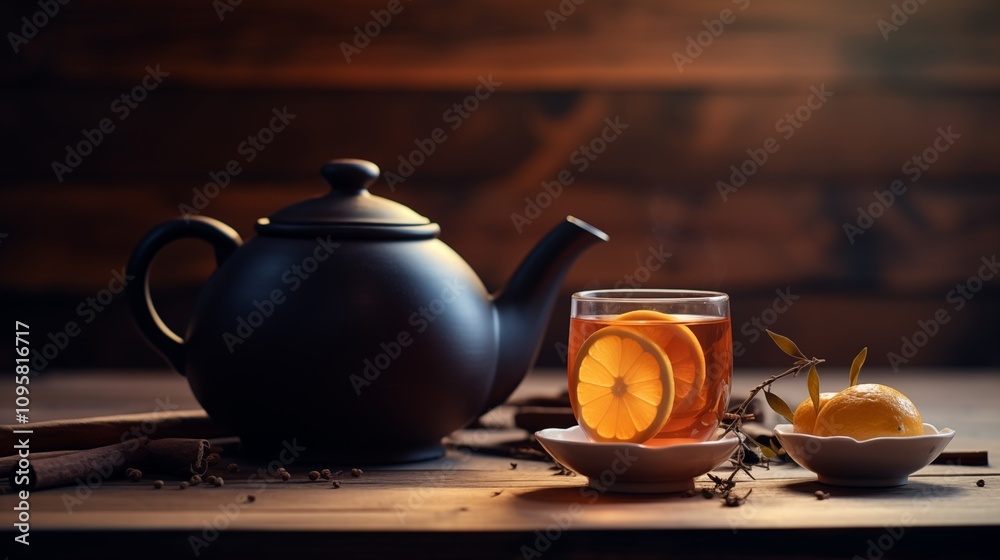 a hot tea with a teapot  lemon  and honey on a wooden surface  space on the left side, Golden Hour Lighting,generative ai illustration